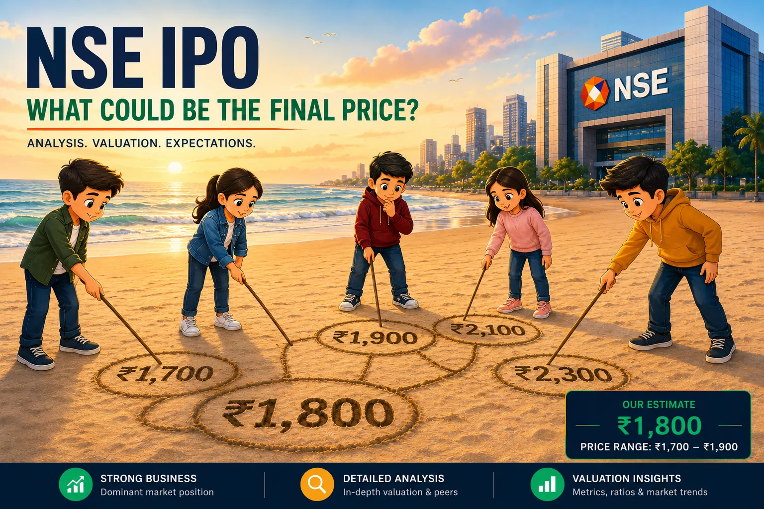 NSE IPO 2026 price estimate showing ₹1,700–₹2,300 pricing scenarios