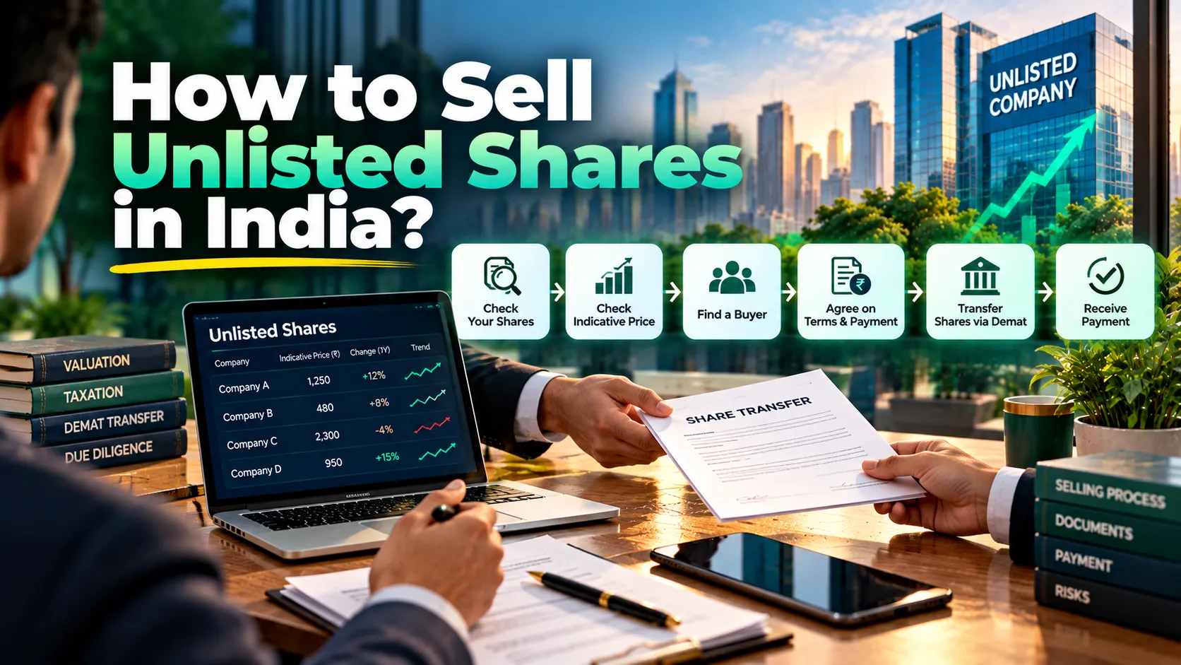 How to Sell Unlisted Shares in India – steps for checking shares, finding a buyer, agreeing on price, transferring shares through demat and receiving payment.