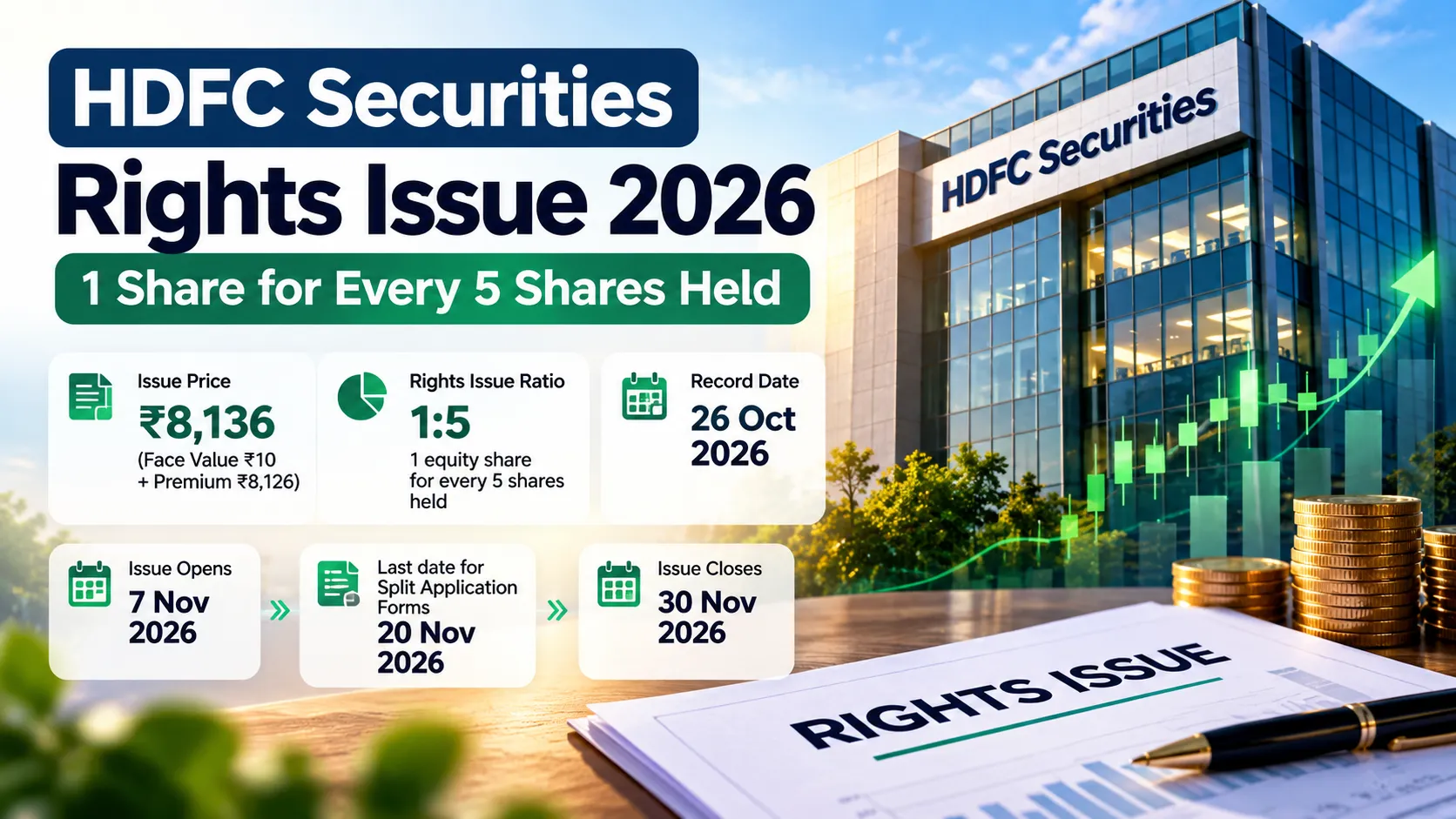 HDFC Securities rights issue 2026 with ₹8,136 issue price and 1:5 entitlement ratio